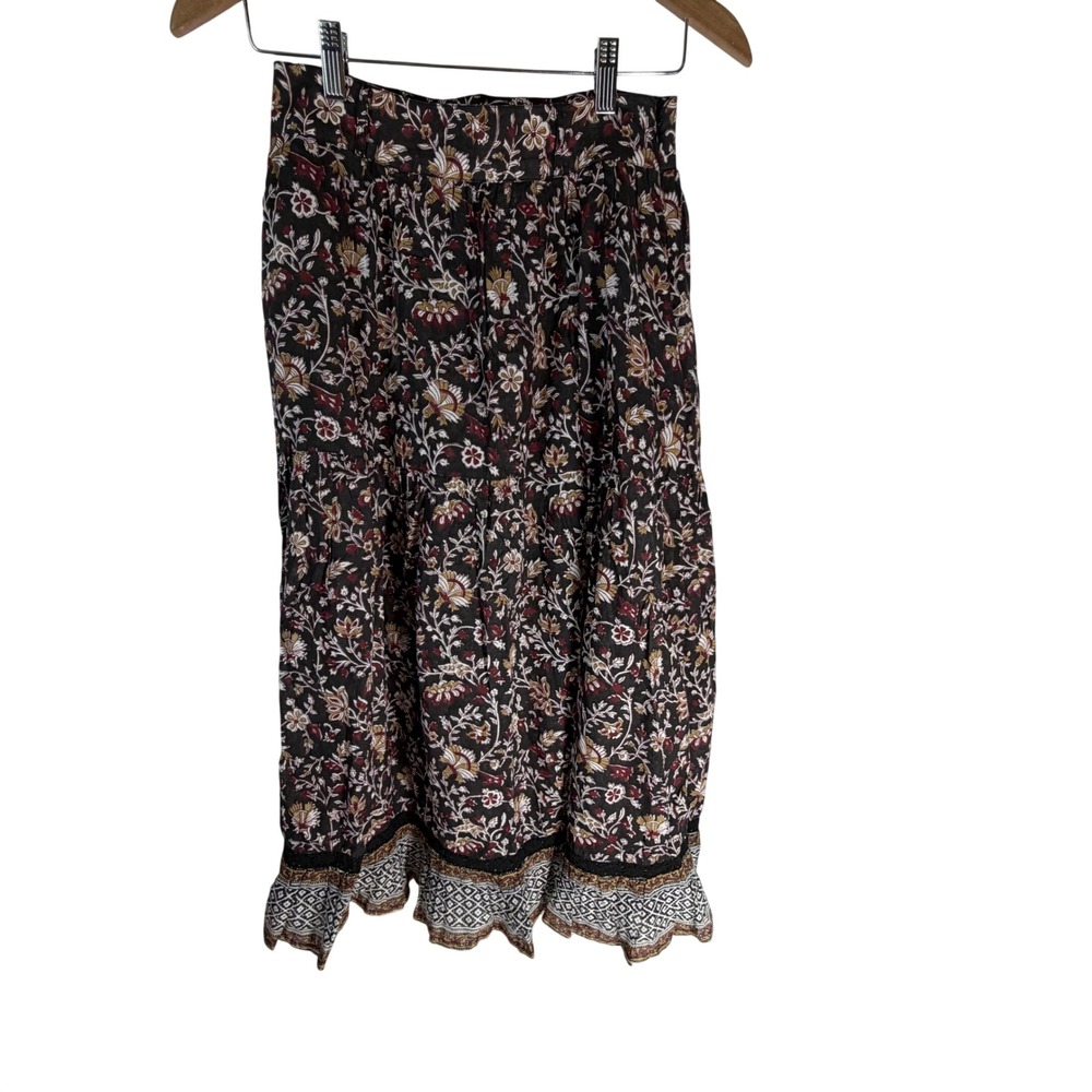 Cleobella Floral Tiered Midi Skirt Black Brown Boho Crochet Lace Trim Size S